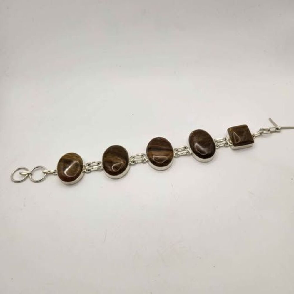 Brown Stone Bracelet 5 Cabochon Links Silver Tone Toggle Clasp Adjustable